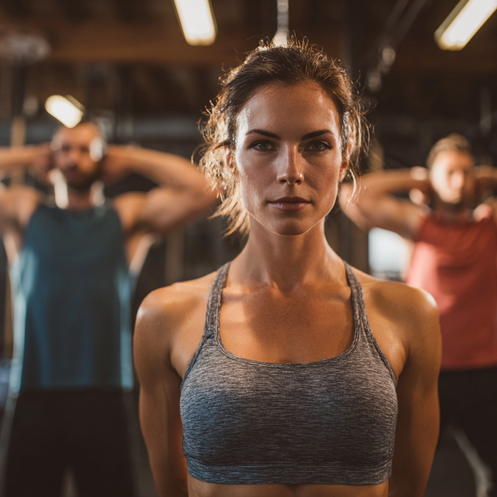 Lächelnde deutsche Erwachsene verschiedener Altersgruppen beim professionellen Krafttraining in modernem Fitnessstudio