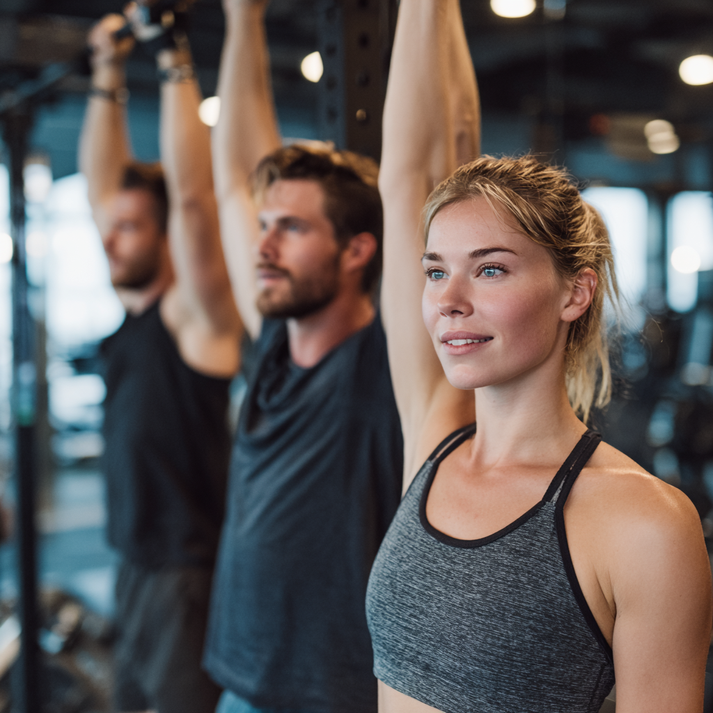 Gruppe lächelnder deutscher Senioren und Erwachsener mittleren Alters bei gelenkschonenden Kraftübungen in hellem Trainingsraum